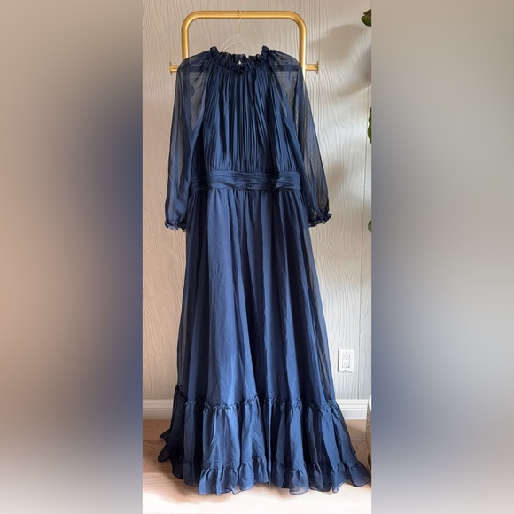 New MAC DUGGAL Navy High Neck Puff Sleeve Tiered A Line Gown 24W #68426 - Picture 3 of 9